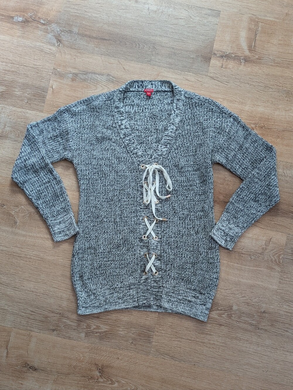 Guess Gray Marled Knitted Lace-Up V-Neck Sweater Size Medium